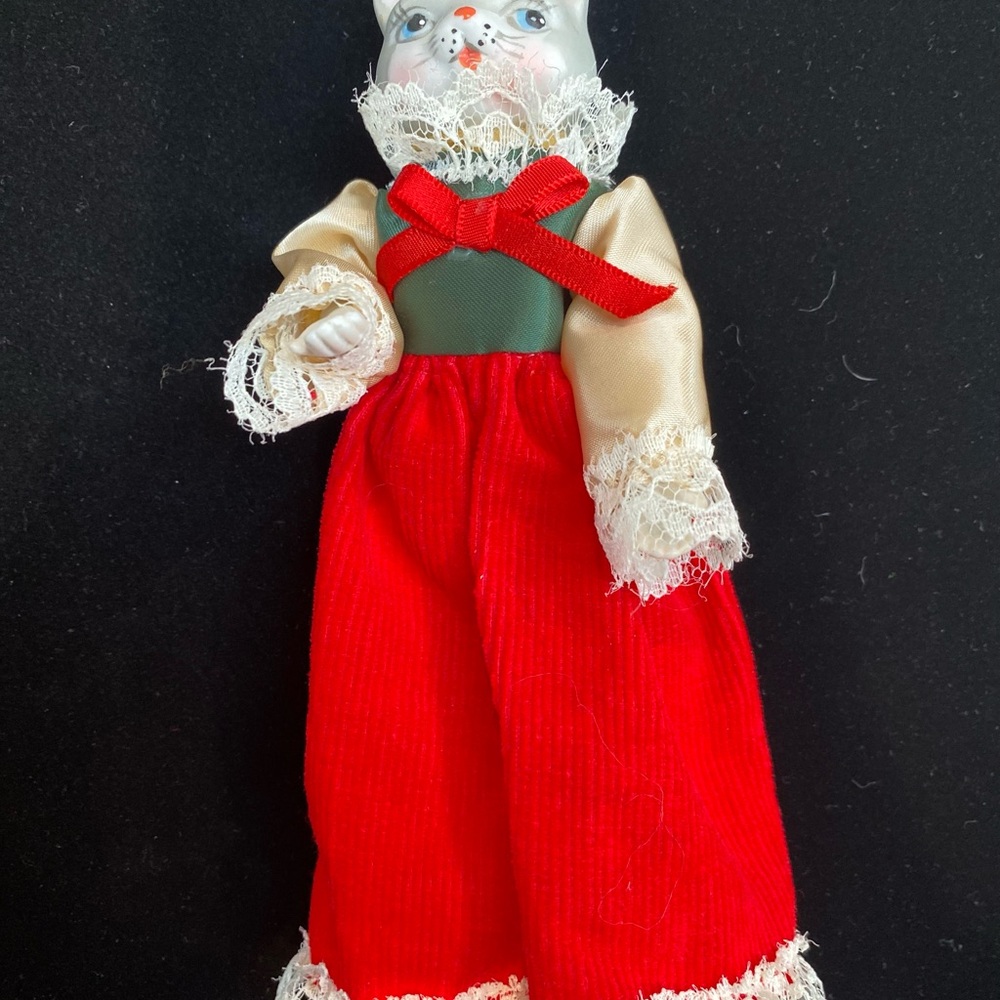 Vintage Kittycat Ceramic Figurine Cloth Body Corduroy Lace Dress Christmas